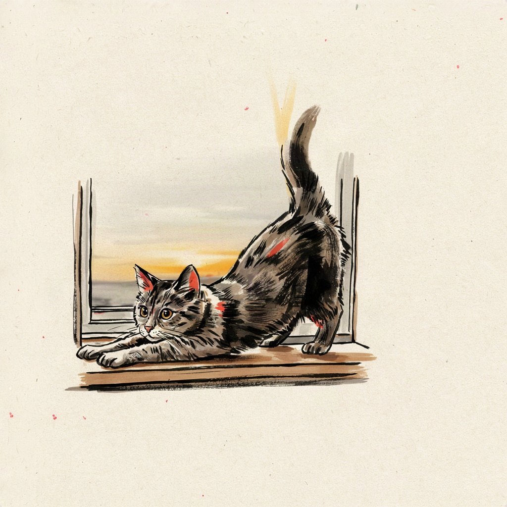 A sleepy cat stretches awake on a windowsill as the first beam of sunrise falls across its open eyes, suggesting eyes lit up fresh from sweet sleep.