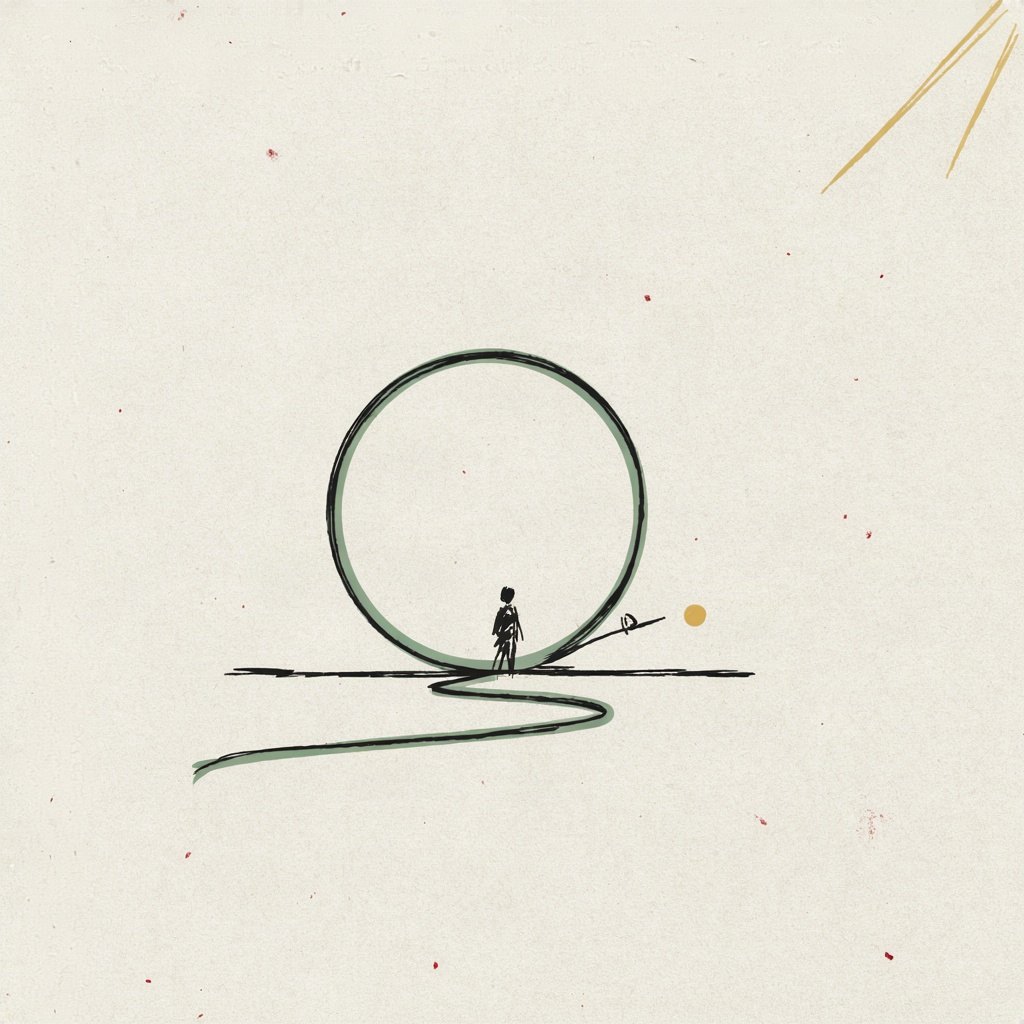 A circle drawn in one continuous ink line that quietly becomes a straight path at the bottom, trailing off the edge of the page.