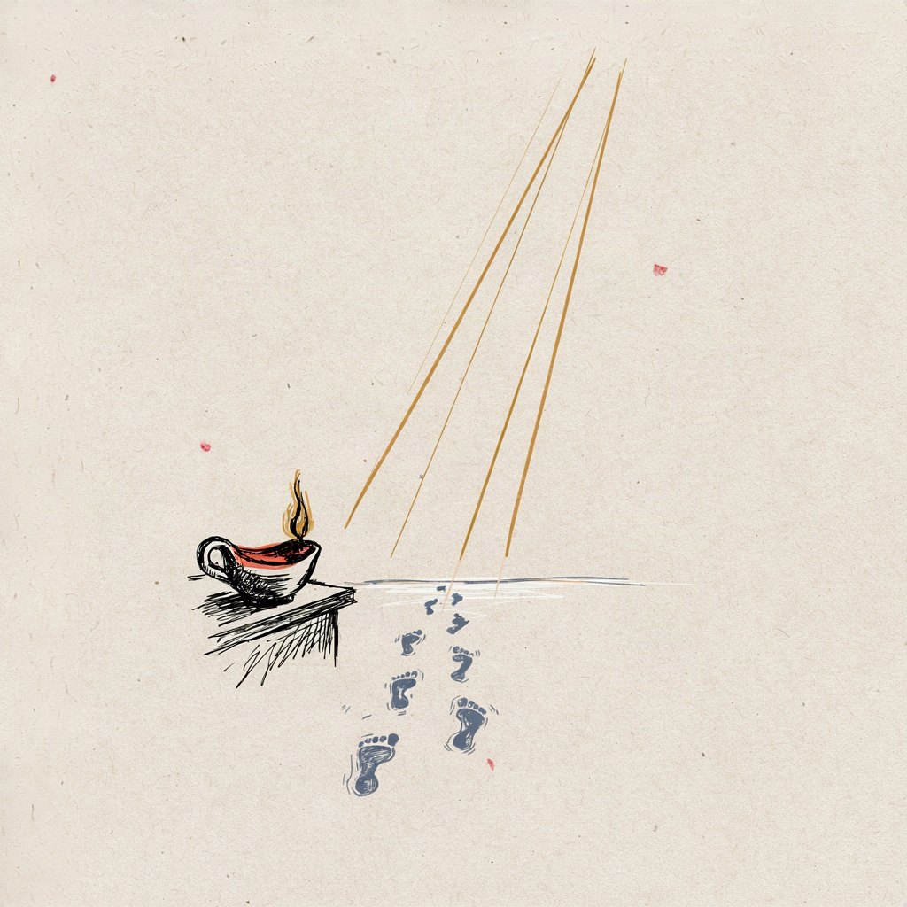 A single lamp or candle burning low at the edge of night, with a line of footprints leading from its light out into the first streak of dawn.