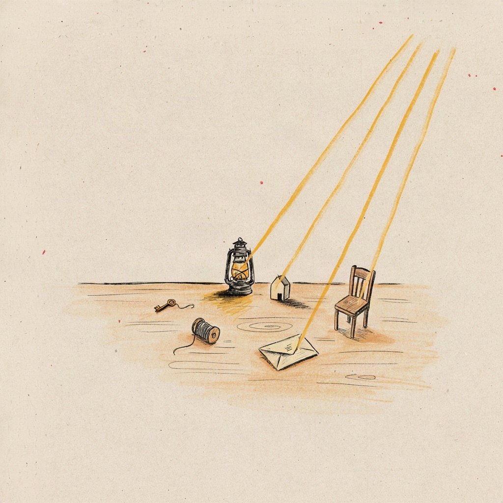 A single lantern stands in the middle of a table, its light splitting into many thin separate beams that each reach out to touch a different small named object (a key, a spool of thread, a tiny house, a folded letter) scattered around it, showing one light reaching many lives at once.