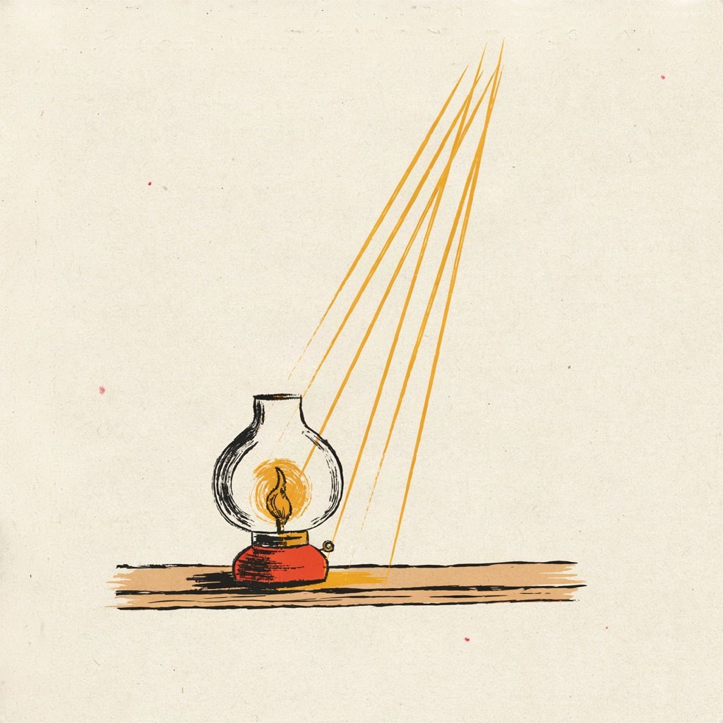 A small oil lamp burns steadily on a windowsill at the exact seam of night and day, its flame and the breaking dawn light merging into one glow across the sill.
