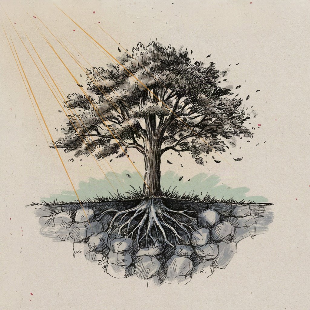 A sturdy oak tree in a storm, its roots gripping deep rock beneath the soil while every branch above bends and sways wildly in the wind.