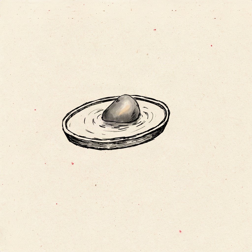 A plain pebble sitting in a shallow dish of water, slowly being polished smooth by the gentle movement of the water around it, showing a life being made beautiful not by force but by patient grace.