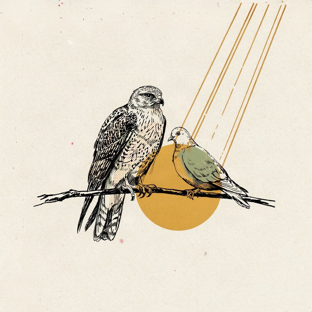 Two birds that look like natural rivals (a cat and a bird, or a hawk and a dove) perched calmly together on the same branch, sharing one patch of sunlight, showing peace made between opposites.