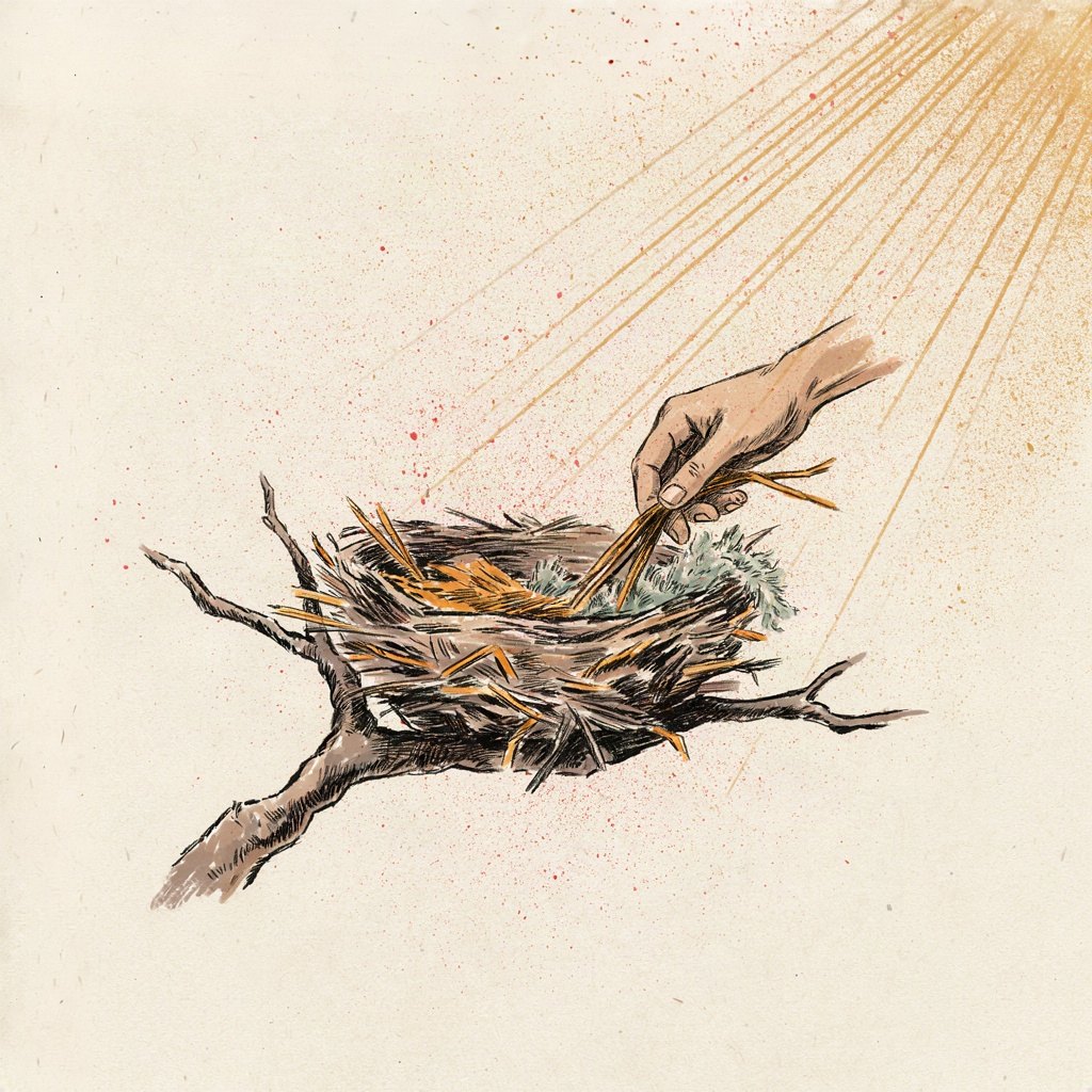An empty bird's nest on a bare winter branch is being gently filled with warm golden straw by a small hand reaching in from outside the frame, turning emptiness into shelter.