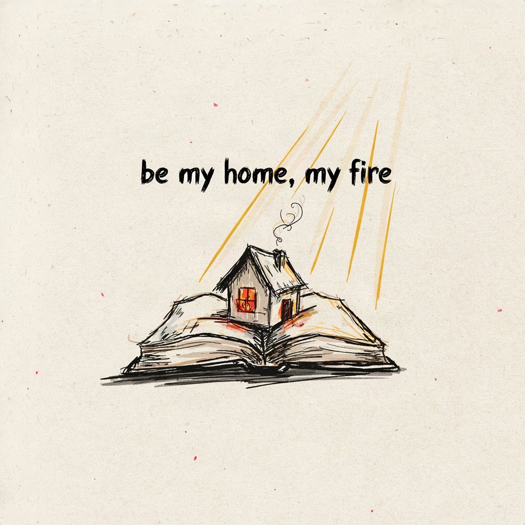 A tiny house drawn inside the outline of a single open book, with a small fire glowing in its window, showing home and book and hearth all held as one place, with the words “be my home, my fire” lettered by hand.