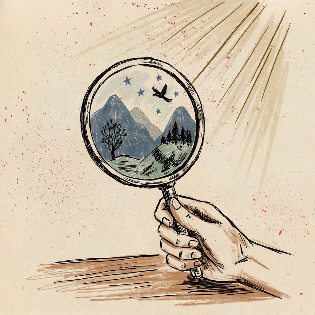 A single eye drawn as a mirror held up by a small hand, reflecting a tiny landscape of mountains, trees, and stars inside it, showing how we carry God's image in miniature.