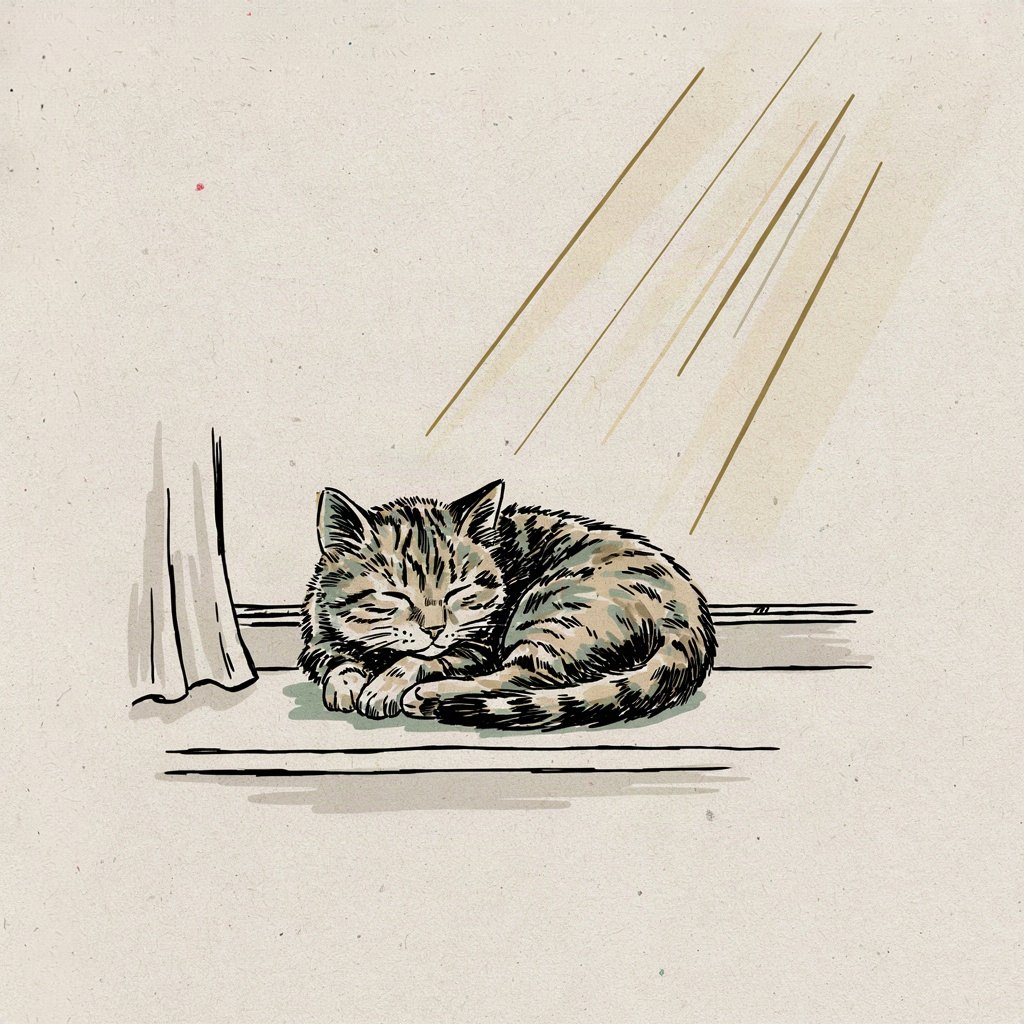 A cat curled nose-to-tail asleep in a patch of warm sunlight on a windowsill, utterly slack and unguarded, with a single sunbeam resting over it like a hand.