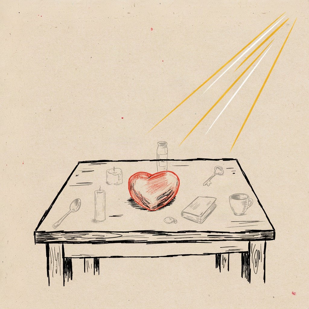 A heart-shaped stone sits at the center of a table empty of any other setting, while many small ordinary objects (a spoon, a key, a candle, a book) are drawn faded and grey around it, as if nothing has colour or weight until the heart is placed among them.