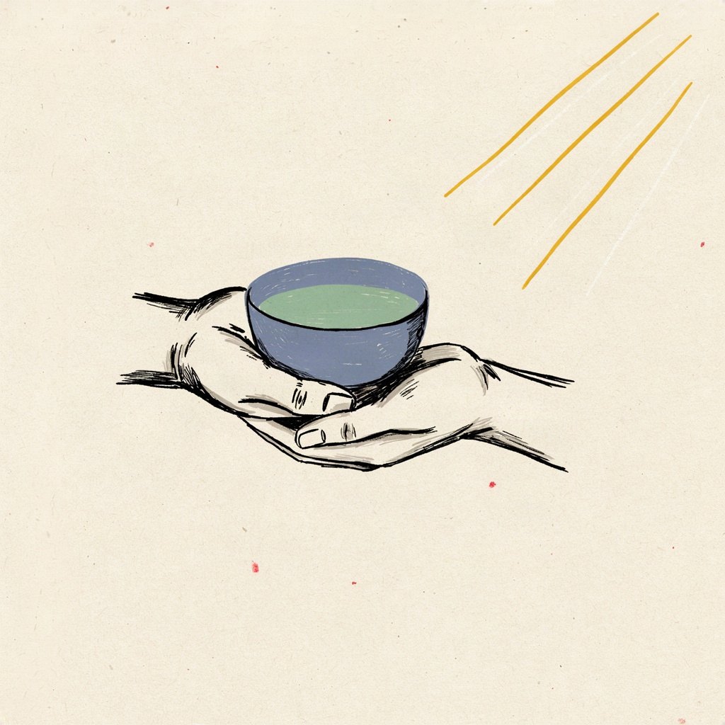 Two hands passing a simple bowl of water to each other, the act of mutual service drawn as a small everyday exchange.