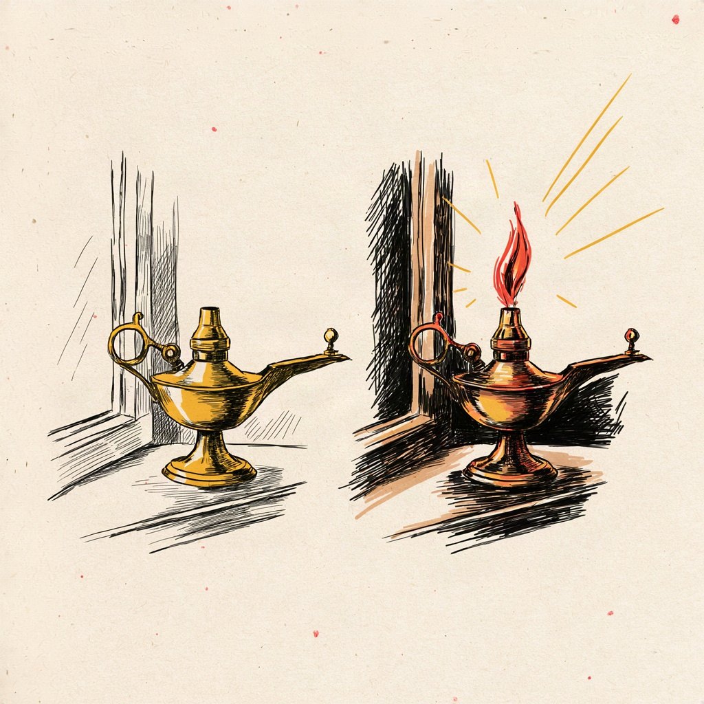 An old brass lamp sits unlit in daylight at a window, but turn to its night side (drawn split-panel) and it burns steady against total darkness — same lamp, same flame, showing light that serves both the blind and the seeing, the weak and the strong.