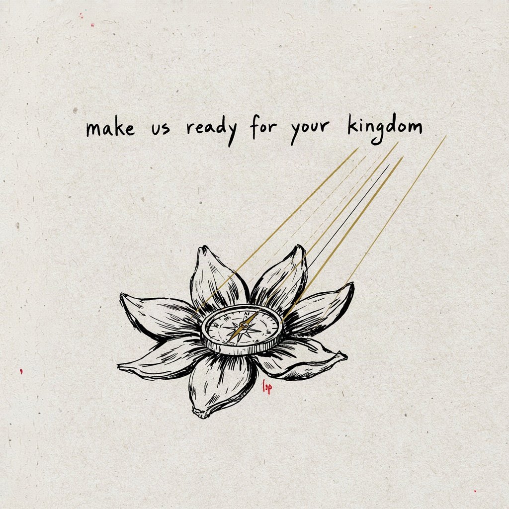 A small compass rose drawn as a flower, its needle-petals all turning to track a single sunbeam instead of pointing north, showing the heart trained to seek one thing however it's sent, with the words “make us ready for your kingdom” lettered by hand.