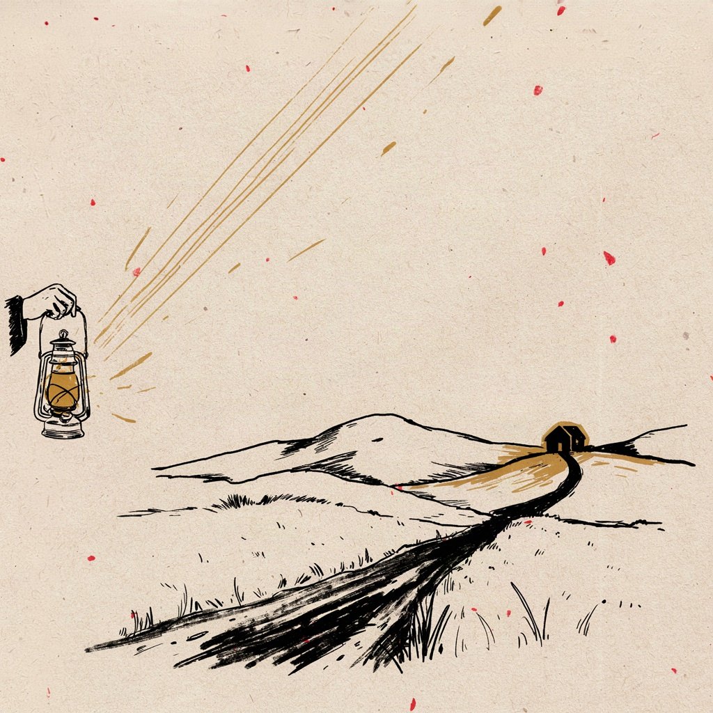 A small lantern carried by an unseen hand down a dark winding road toward a distant lit window shaped like home.