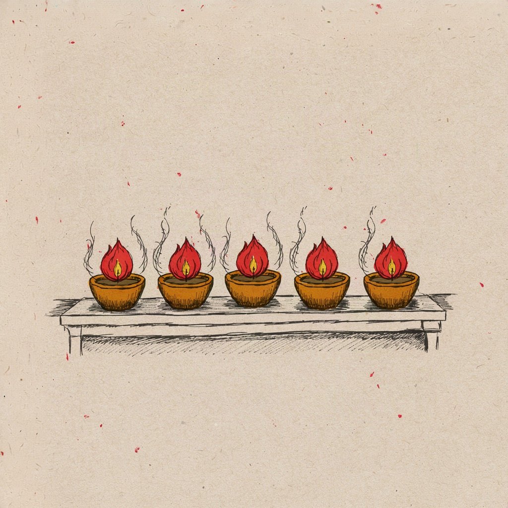 A row of small oil lamps on a windowsill at night, one by one catching flame from the single lamp at the end, none of them dimming as they pass the light along.