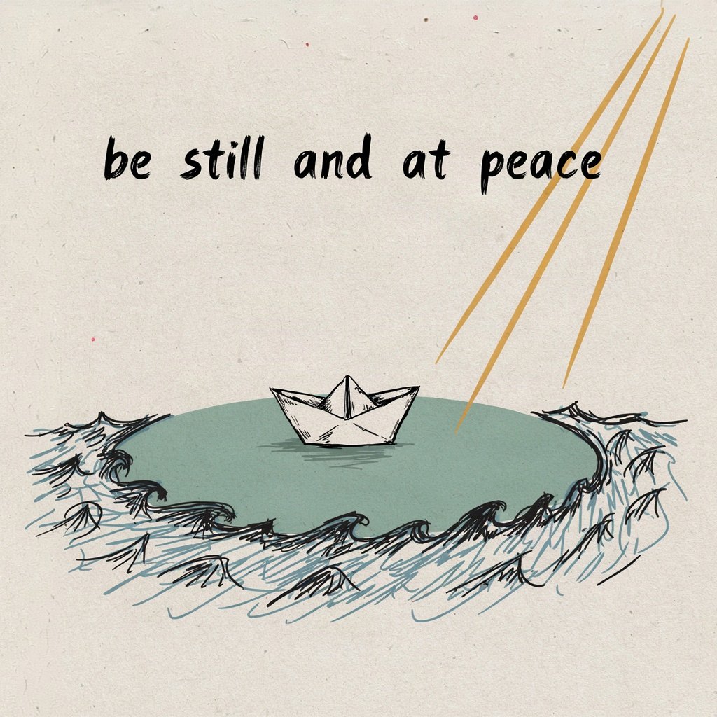 A small storm-tossed paper boat on choppy water, with one calm smooth circle of still water opening up right beneath it where the waves part, with the words “be still and at peace” lettered by hand.