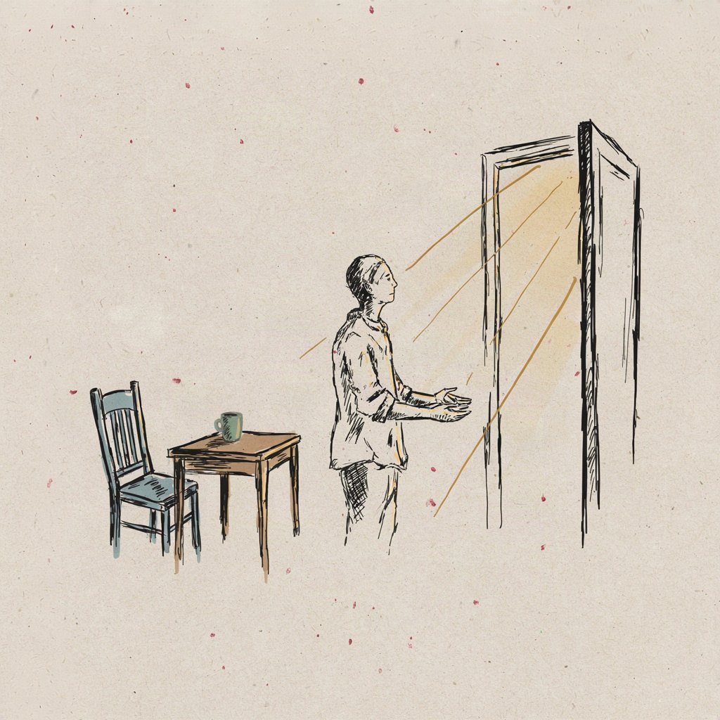 A small wooden chair pushed back from a table at dawn, its owner already up and standing at an open door with sleeves rolled, offering the empty chair outward as if handing the whole day's rest back in service.