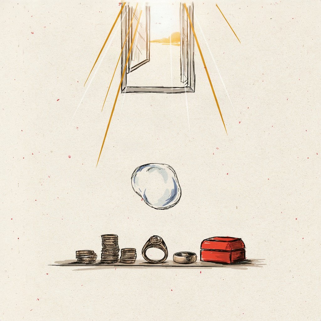 A child's soap bubble drifts upward past heavy stacked coins and jewelry on a shelf below, fragile and shining, headed toward an open window of pure light.