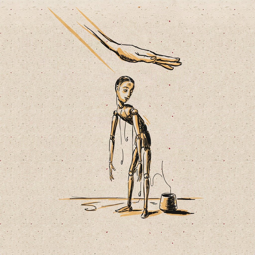A small wooden marionette's own hand reaches up to rest gently on a larger unseen hand's open palm drawn at the top edge of the frame, the strings between them loose and slack, showing trust rather than control.
