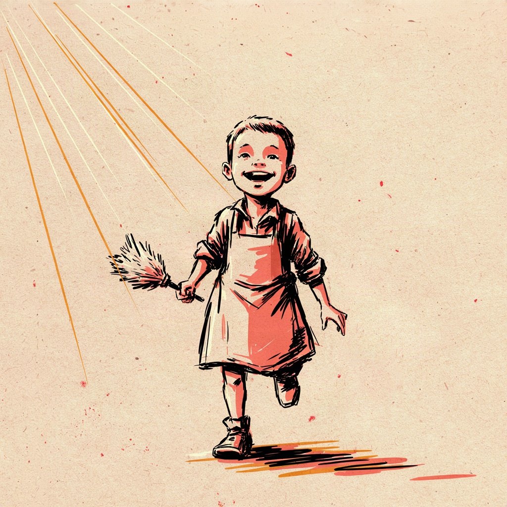 A small child plays dress-up in an oversized servant's apron that's clearly too big, but skips about joyfully with a toy feather duster, showing obedience turned into glad play rather than forced labour.