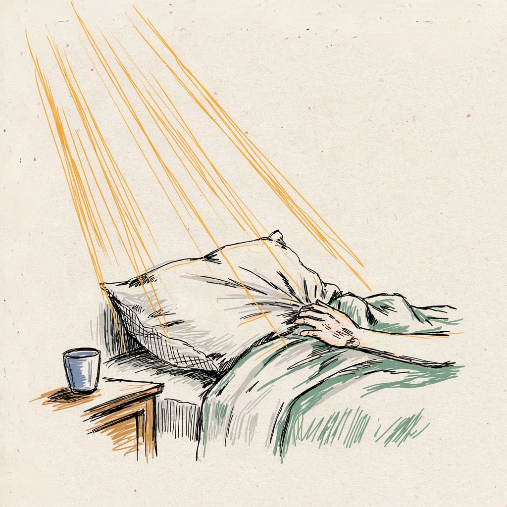 A simple bed being freshly made with plump pillows and smoothed blankets by a pair of unseen gentle hands, warm light falling across it as if prepared in advance for whoever will need rest.