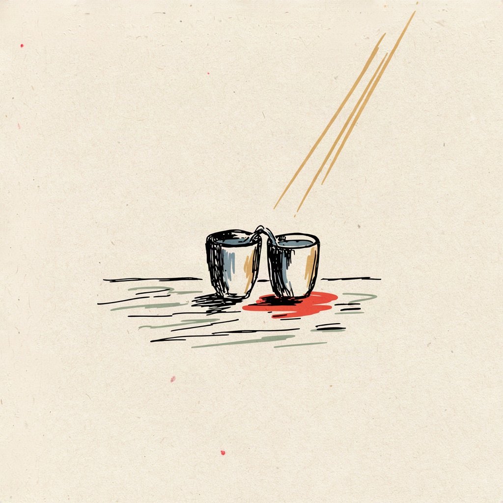 A single small cup on a plain table, filled so full that the overflow has pooled into a second cup beside it, both brimming equally from the same unseen source.