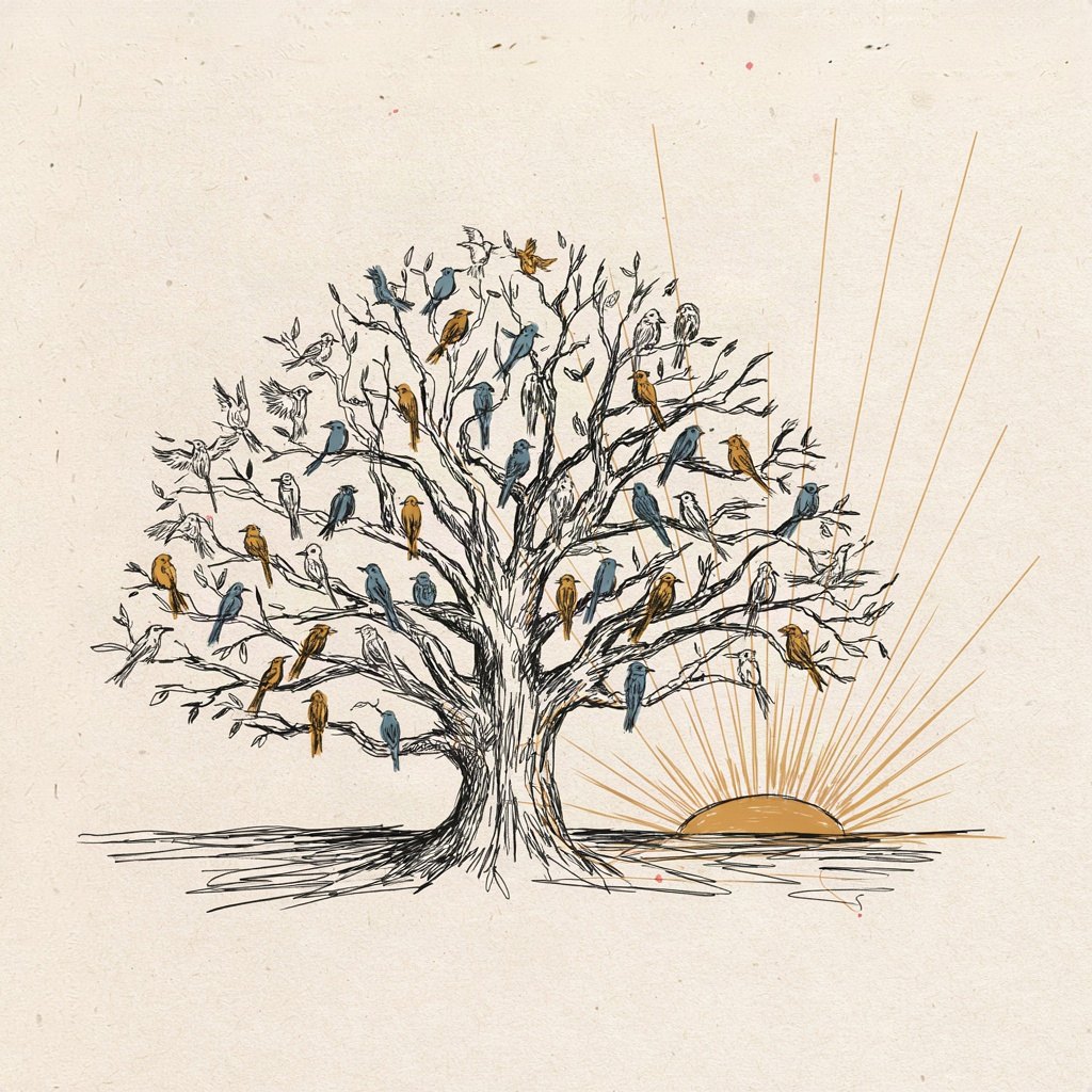 A single tree with many different birds of all shapes and sizes perched together on its spreading branches, all facing the same direction toward the rising sun.