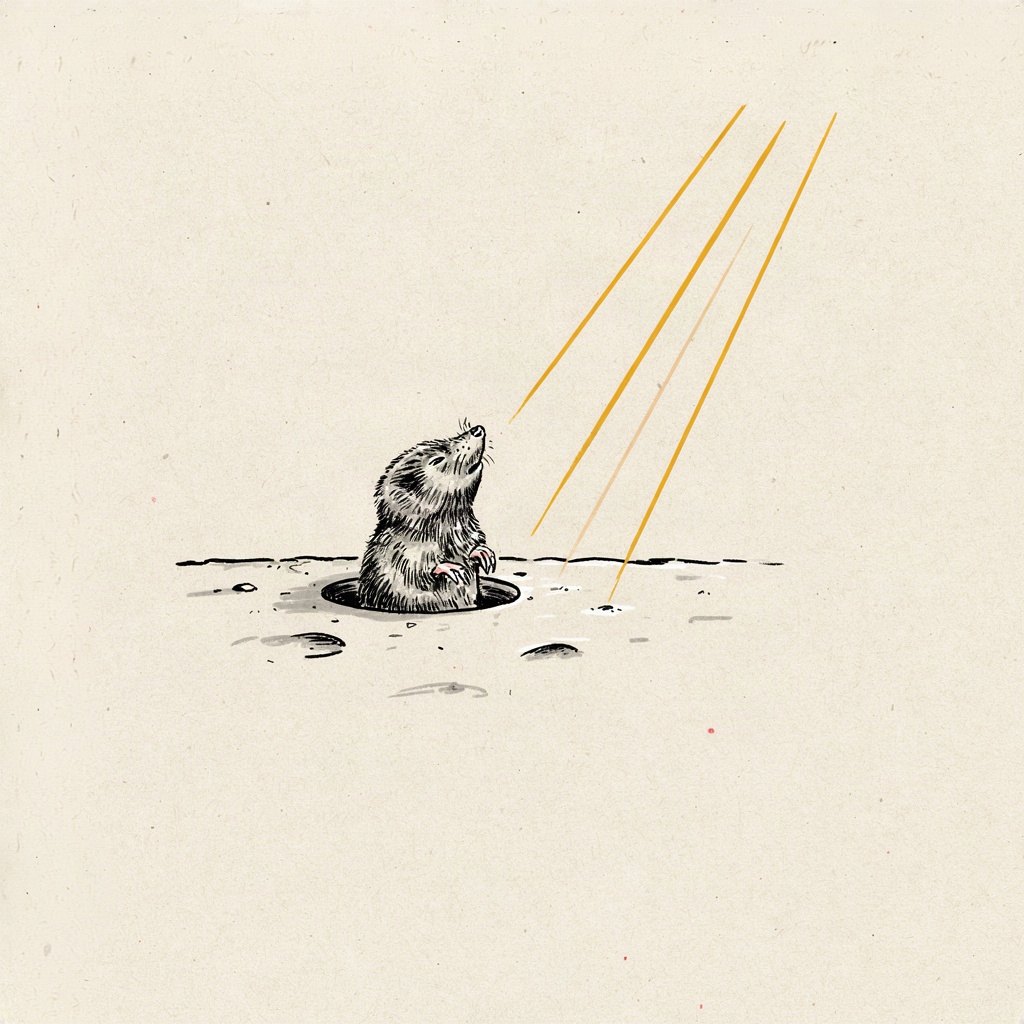 A small mole emerges blinking from its tunnel onto a path, unable to see the traps ahead, but a line of sunlight marks a safe line forward just in front of its paws.