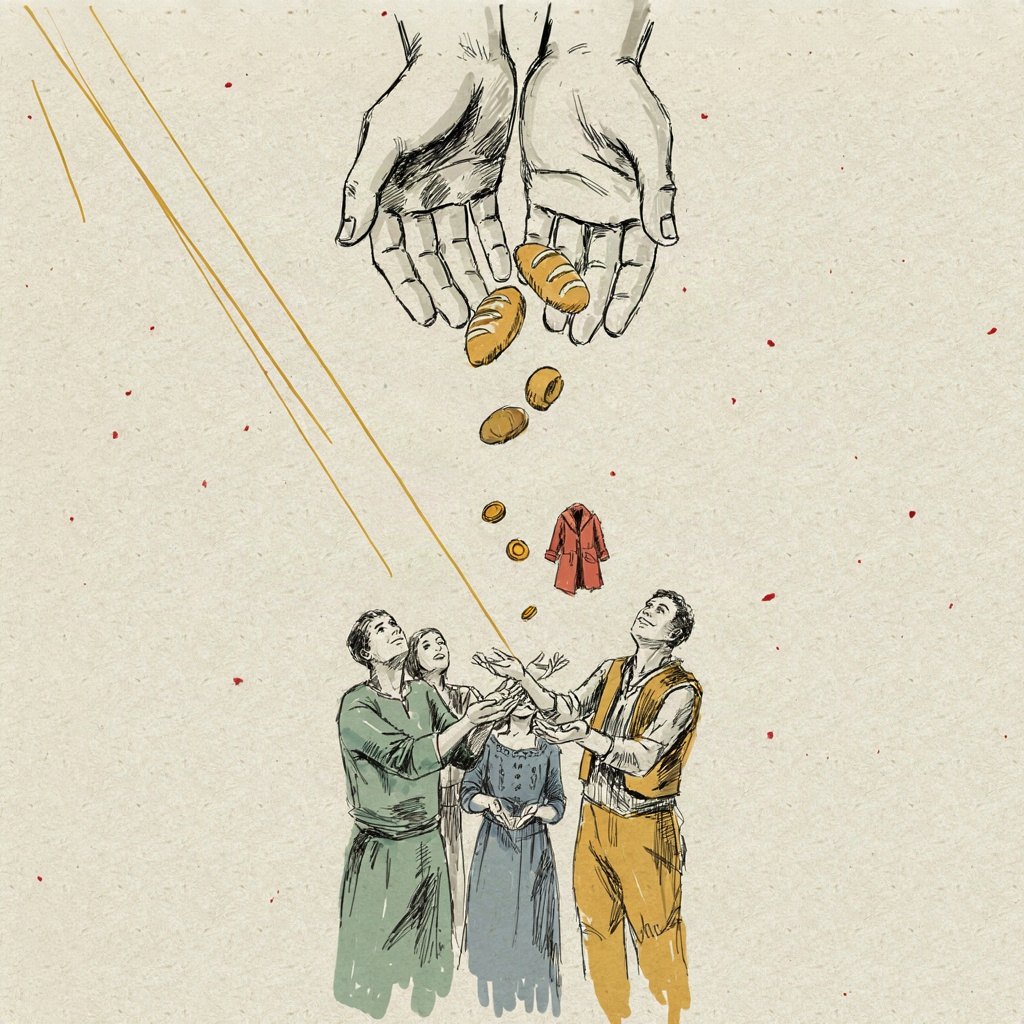 Two open hands pouring out small loaves of bread, coins, and a tiny folded coat into the cupped hands of several different small figures waiting below, one gift reaching many needs at once.
