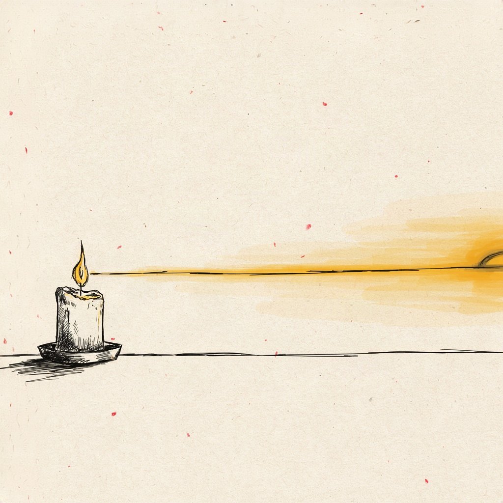 A lit candle on a windowsill at dawn gradually fades into the sunrise itself, as if the small flame becomes one unbroken path of light leading from near to far, night to forever.