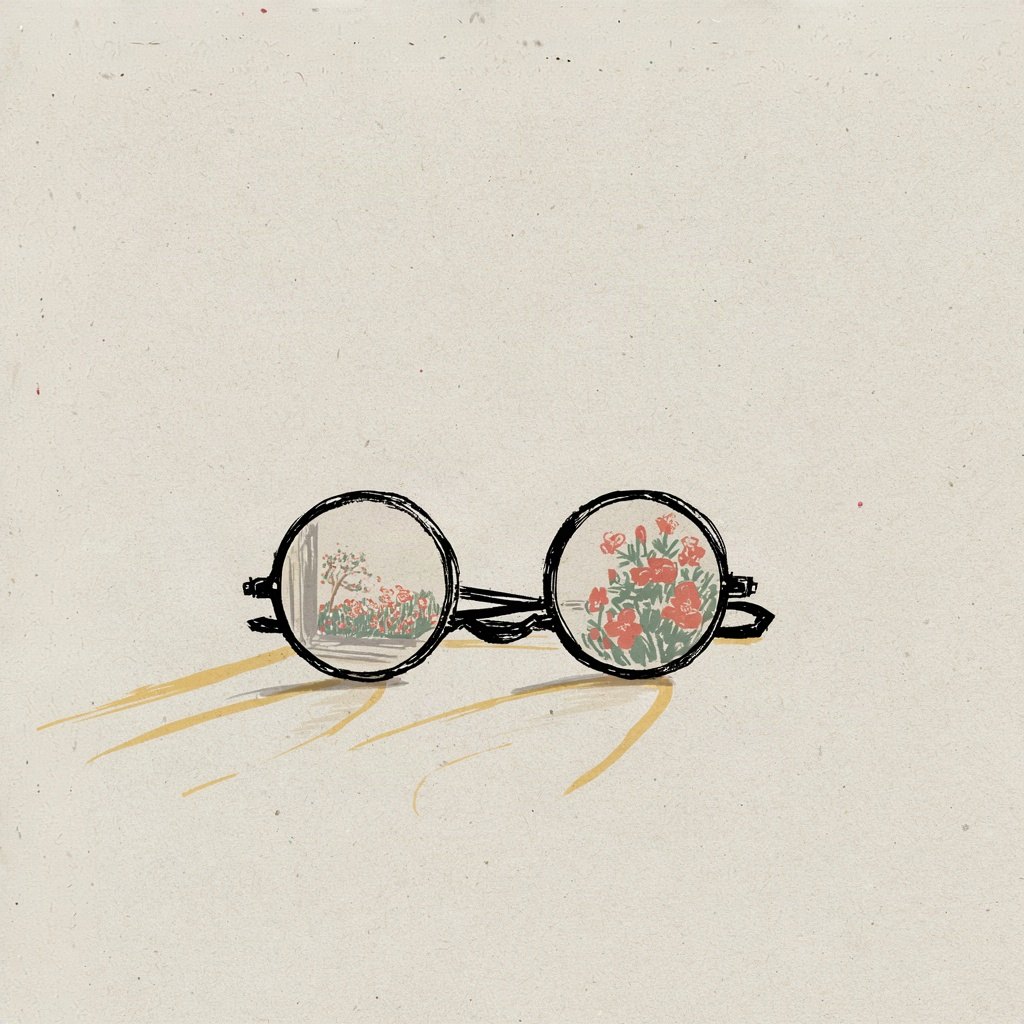 A pair of round spectacles resting on an open windowsill, the lenses reflecting a whole tiny garden in bloom outside that the plain room around them can't show.