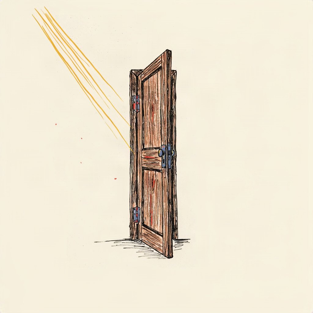 A weathervane-like door with two small signs on it reading 'in' and 'out', swinging gently open on its hinge, equally ready to move either way.