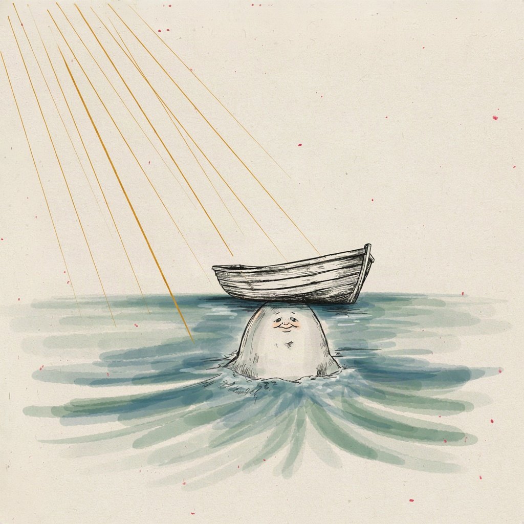 A small boat is carried on the back of a large, gentle sea creature swimming just beneath the surface, guiding it safely through choppy water toward a calm sunlit horizon, showing a life kept and carried safely through every danger toward home.