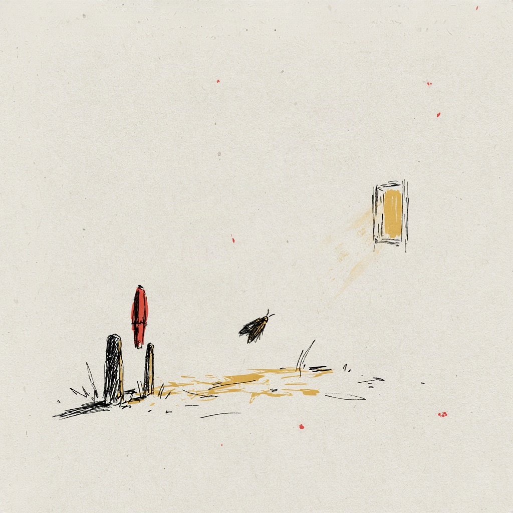 A small night moth flies low along a single thread of lamplight laid across the ground like a path, following it out of the dark toward a brightening window.
