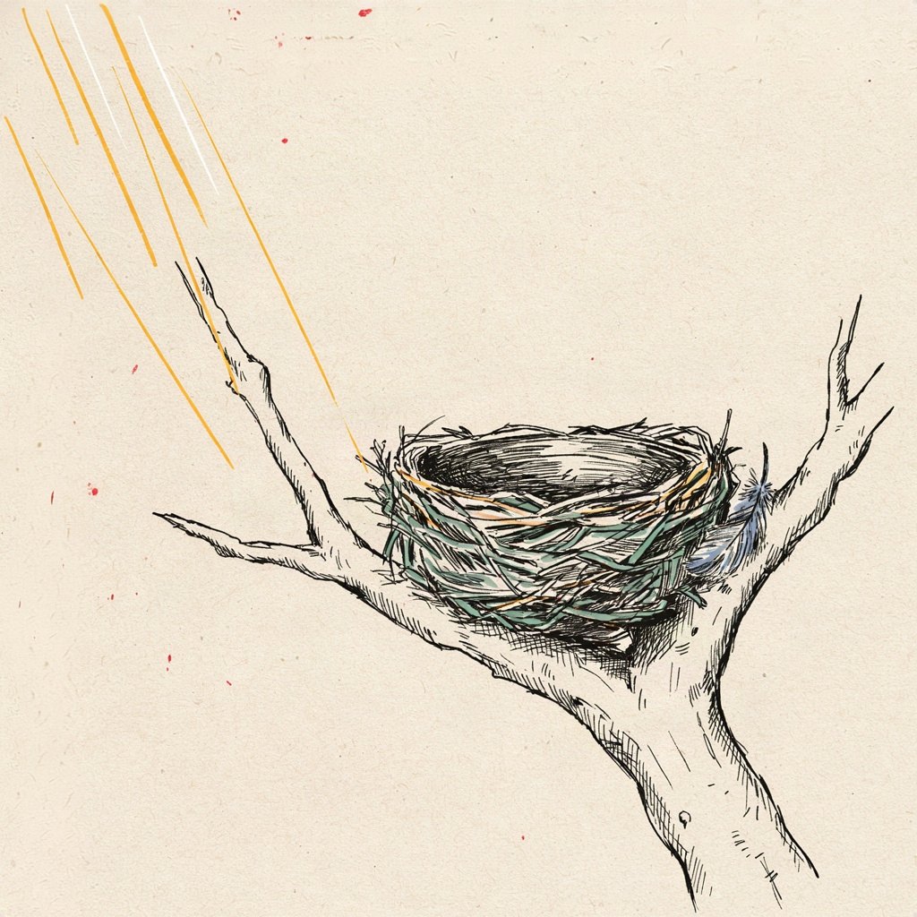 A small bird's nest tucked in a tree fork, one scuffed feather caught on the twigs beside it, quiet and held after a storm.