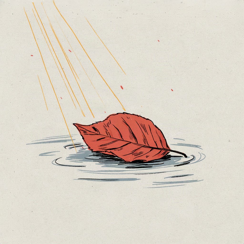 A small leaf let loose on a flowing stream, drifting freely with the current rather than struggling against it, its edges relaxed and open.
