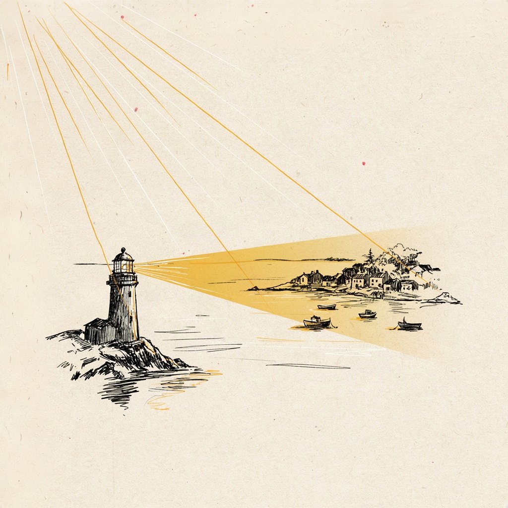 A lighthouse beams its light outward over gentle waves toward tiny distant boats scattered on sea, land, and shore, all drawn in one small frame catching the same beam.