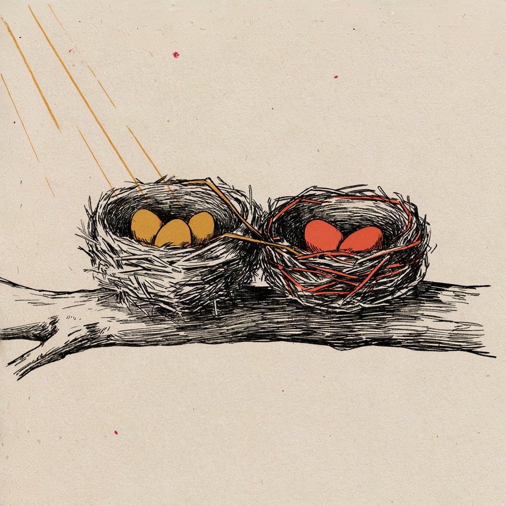 Two birds' nests on the same branch, their twigs woven together at the point where they touch, sheltering both families under one roof.