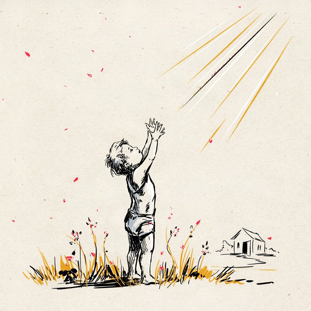 A small child reaches both arms straight up toward a much larger, gentle sky-father figure drawn only as warm sunlight pouring down, since no earthly father's love compares to this nearness.
