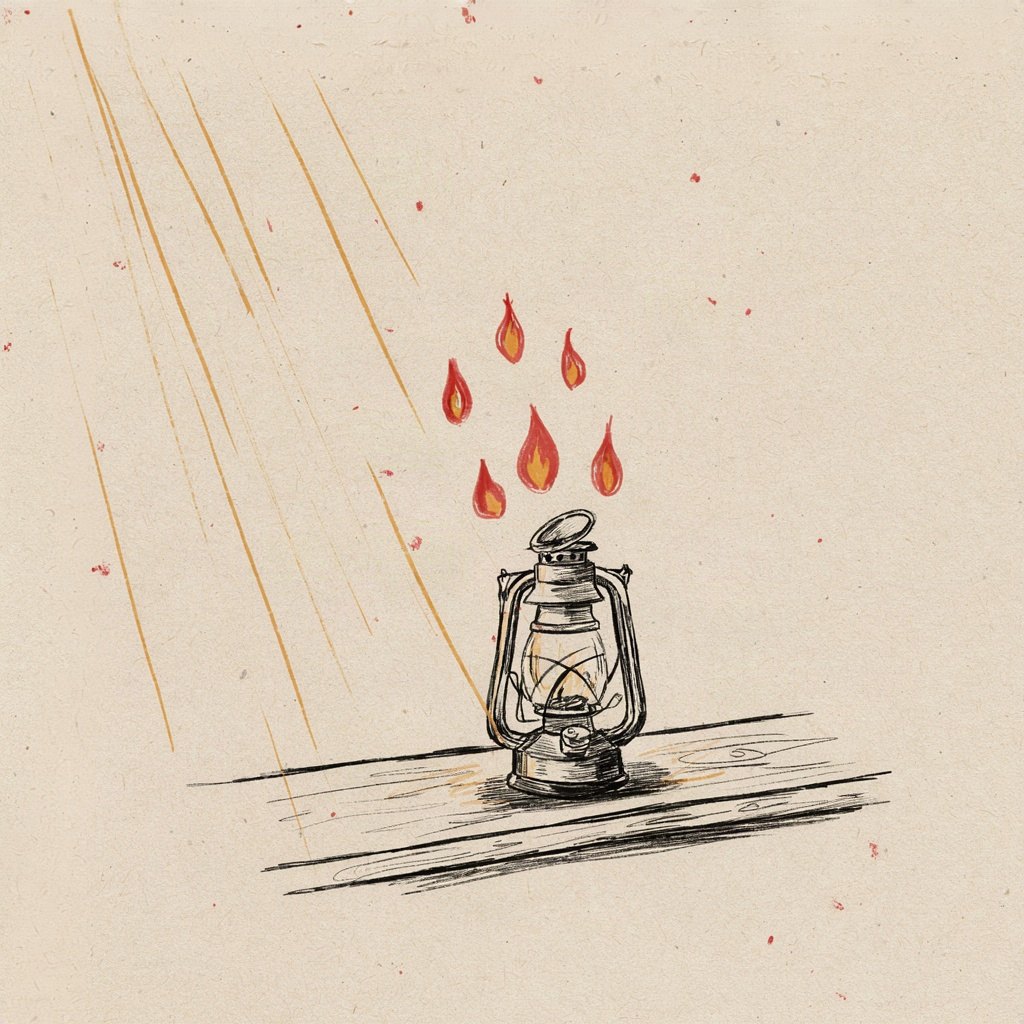 A single empty glass lantern sits on a windowsill at dawn, its wick unlit, while seven small distinct flames hover in the air just outside the glass waiting to be gathered in and lit, showing the many gifts of the Spirit sought and drawn into one humble vessel.