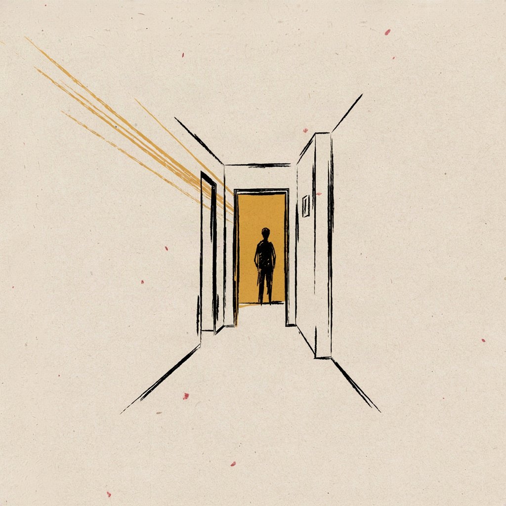 A single door standing open at the end of a long dim hallway, soft steady light pouring through it with no shadow inside — the day that never ends drawn as one unending bright room beyond the threshold.