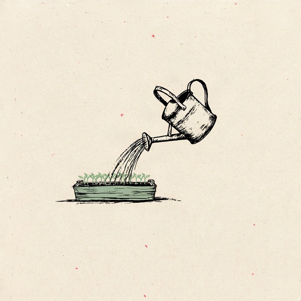 A watering can pouring onto a seed tray where one row sprouts eagerly while the can's spout lingers, guiding where the water falls, showing good thought and good action flowing together.