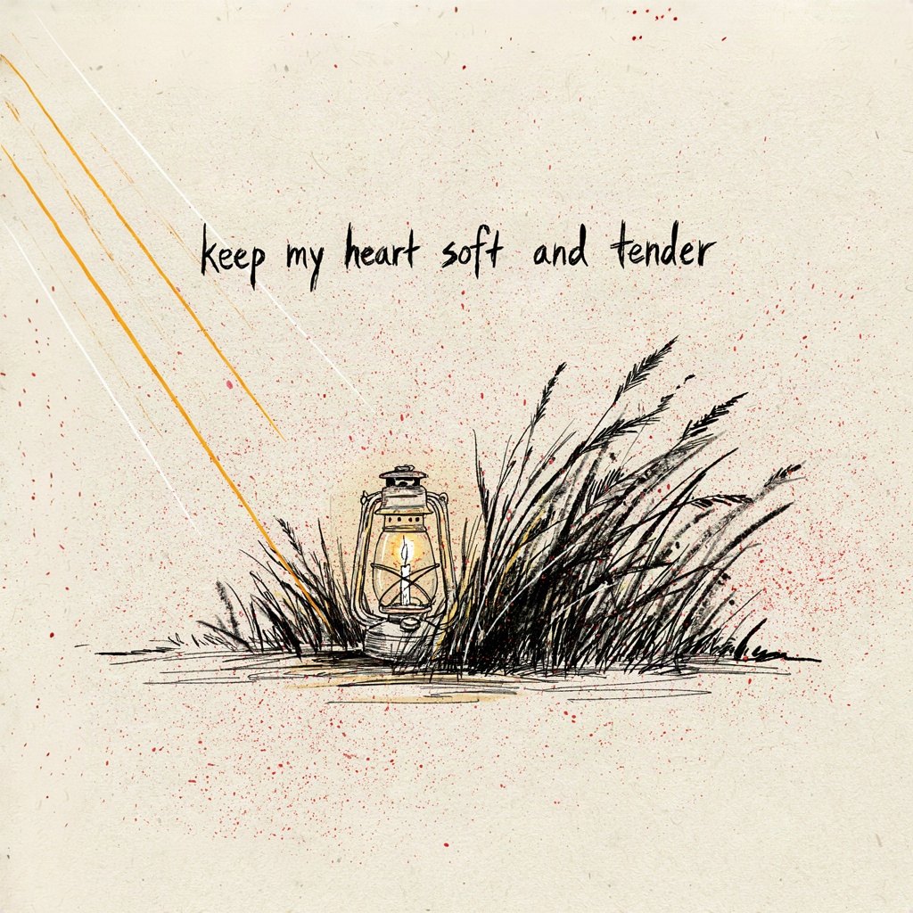 A soft candle flame drawn warm and steady, held safe inside a small glass lantern against a gust of wind bending the grass around it, with the words “keep my heart soft and tender” lettered by hand.