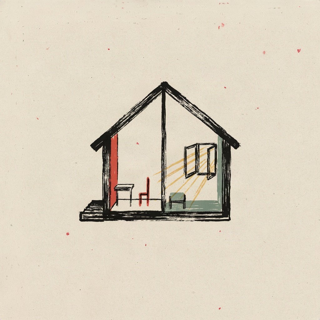 A small house drawn in cross-section at dawn, with a single shuttered window swinging open and sunlight reaching into one dim back room.