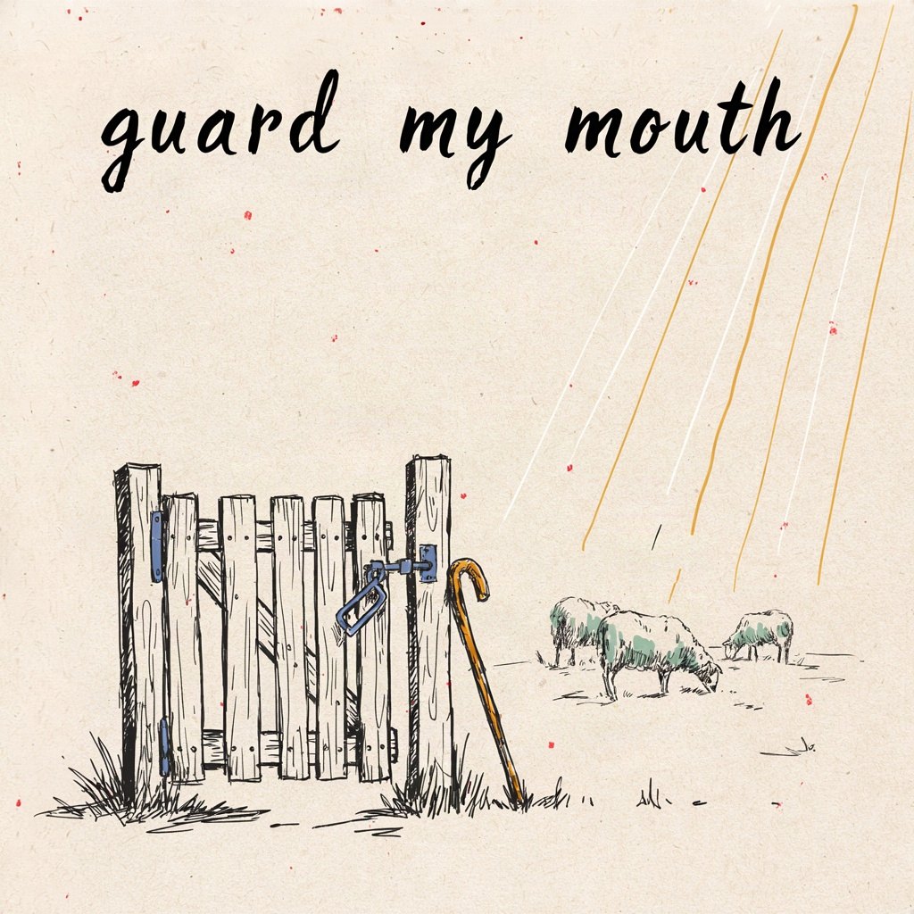 A small wooden gate with a simple latch stands at the threshold of an open mouth shape drawn as a doorway, the latch gently closing itself as a shepherd's crook rests nearby, pointing out toward a few scattered sheep in the distance it hopes not to startle, with the words “guard my mouth” lettered by hand.