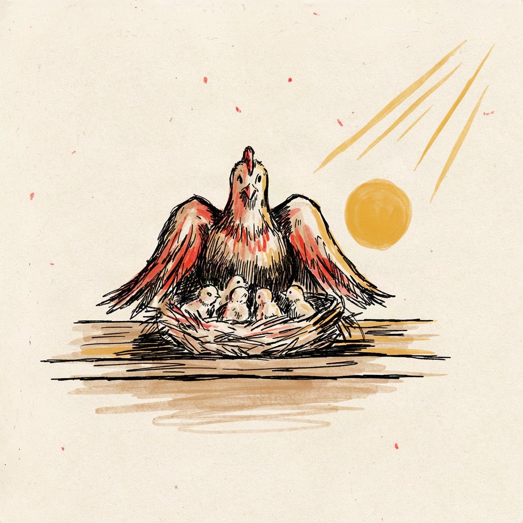 A mother hen on her nest spreads both wings wide and low over her chicks, sheltering them completely while the morning sun rises behind her.