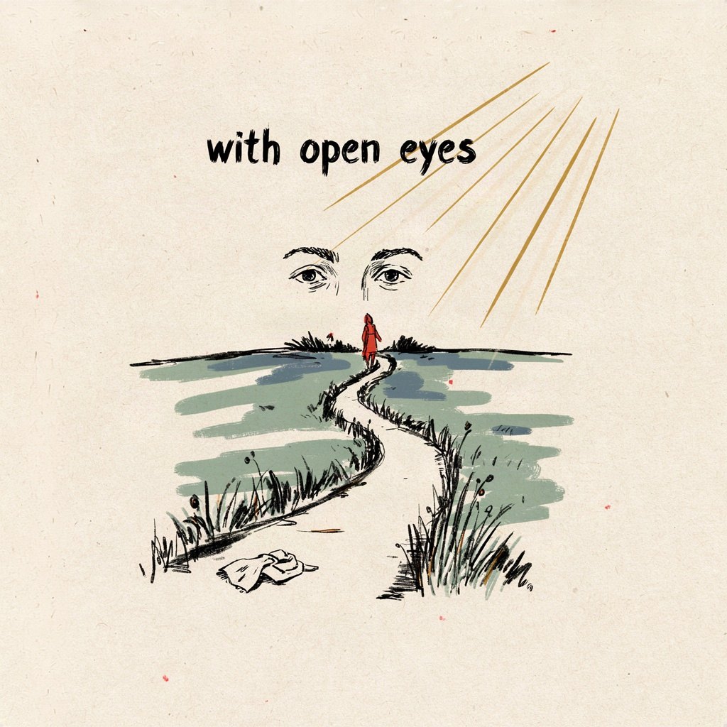 A pair of eyes drawn wide open and unblindfolded, looking steadily along a sunlit path that bends gently uphill toward a bright horizon, showing guidance taken with open eyes rather than forced, with the words “with open eyes” lettered by hand.