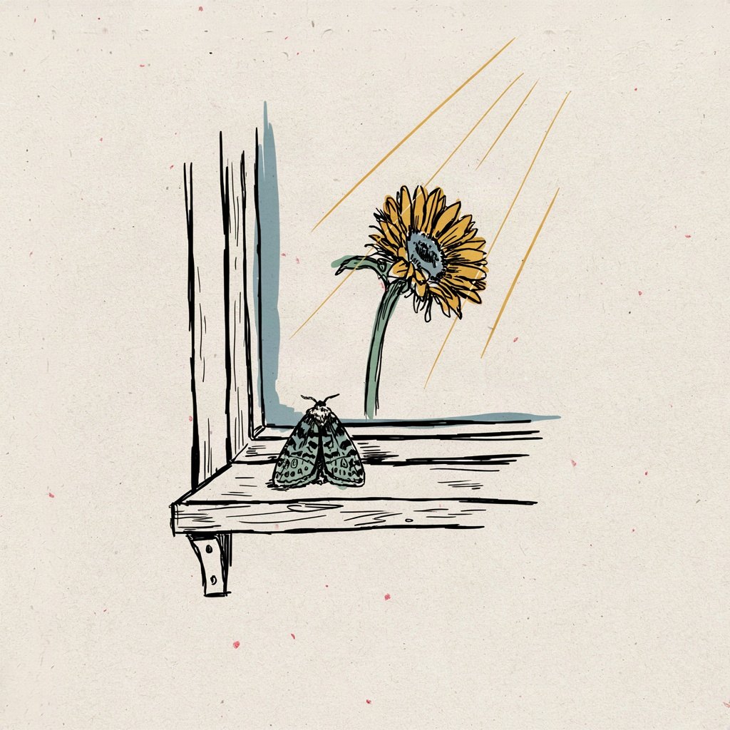 A small night-light moth asleep with folded wings on a windowsill, while outside the window the sun breaks and a bright sunflower turns its face up toward the light.