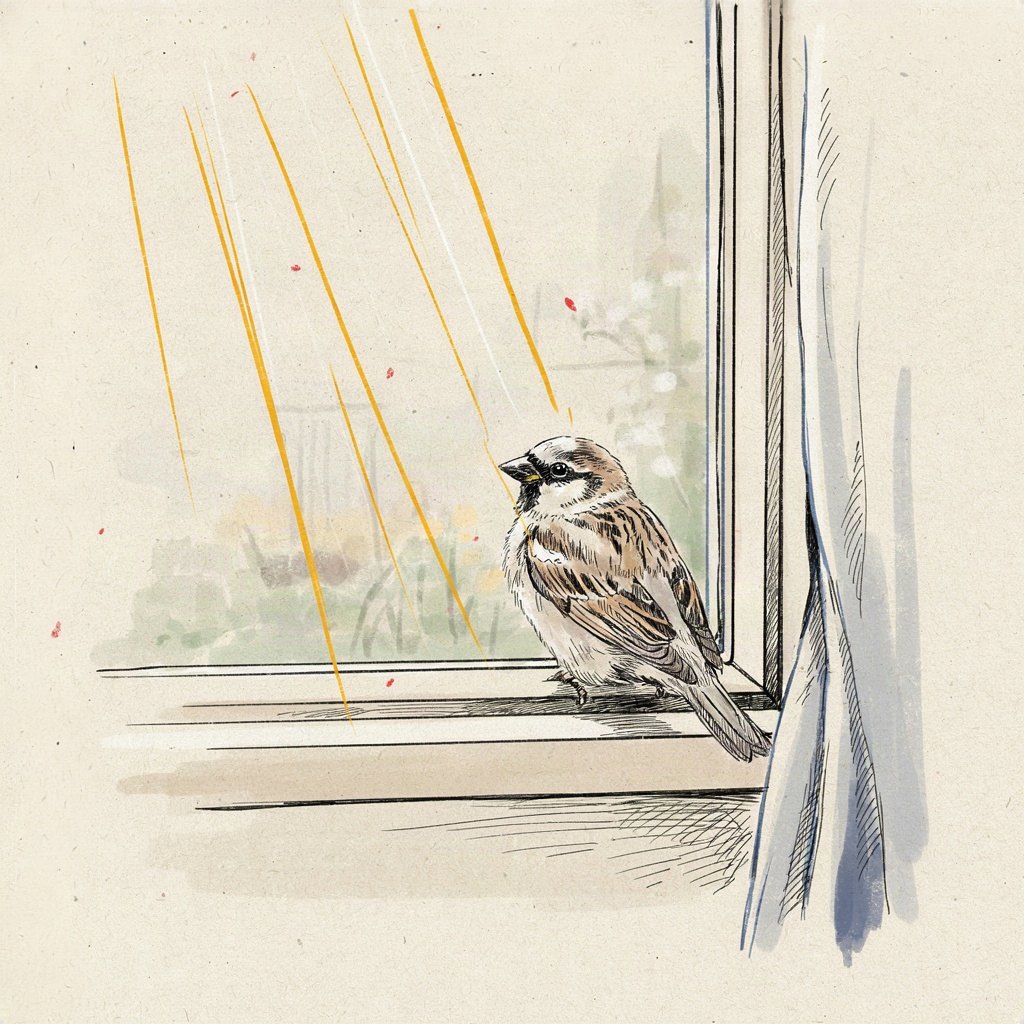 A small bird on a windowsill tilts its head, perfectly still, listening toward an open window rather than flying off, with the morning light outside slightly blurred behind the sharp clear figure of the bird itself.