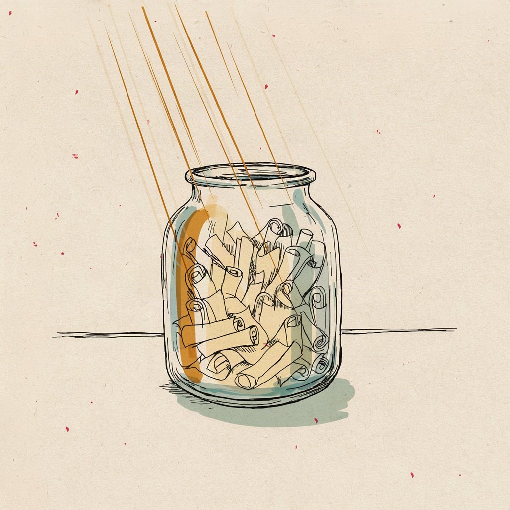 A small jar on a windowsill with scripture pages rolled up inside it like scrolls, steeping like tea leaves, the light inside the jar warmer than the light outside.
