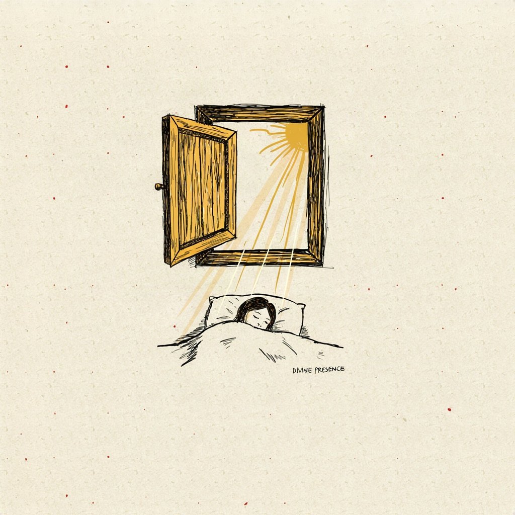 A small window shutter swings open at dawn, and instead of ordinary daylight, a tiny sun with a simple quiet face pours in through the gap, settling right onto a sleeper's open eyes drawn just waking.